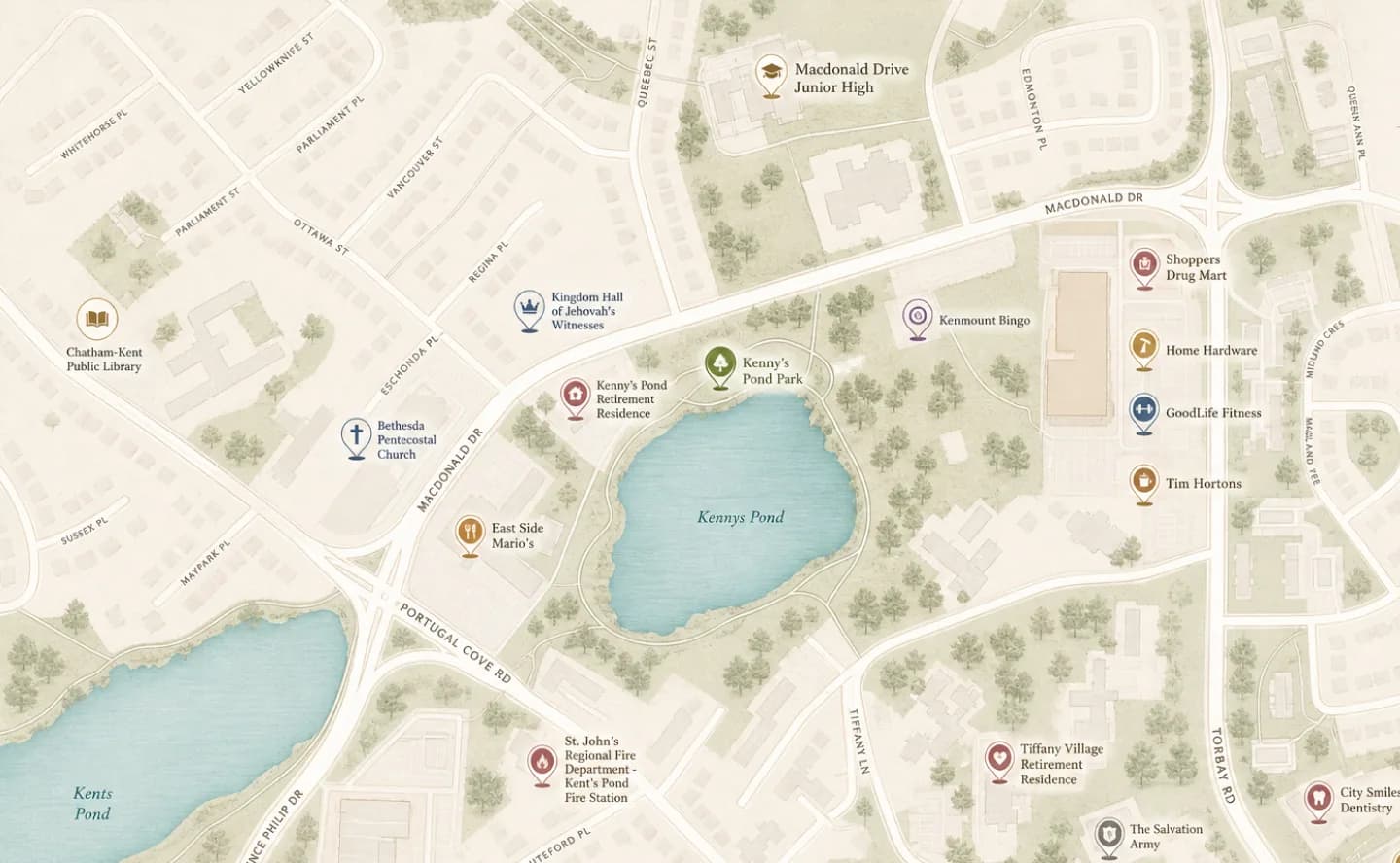 Illustrated map of the Kenny's Pond neighbourhood around Tiffany Village